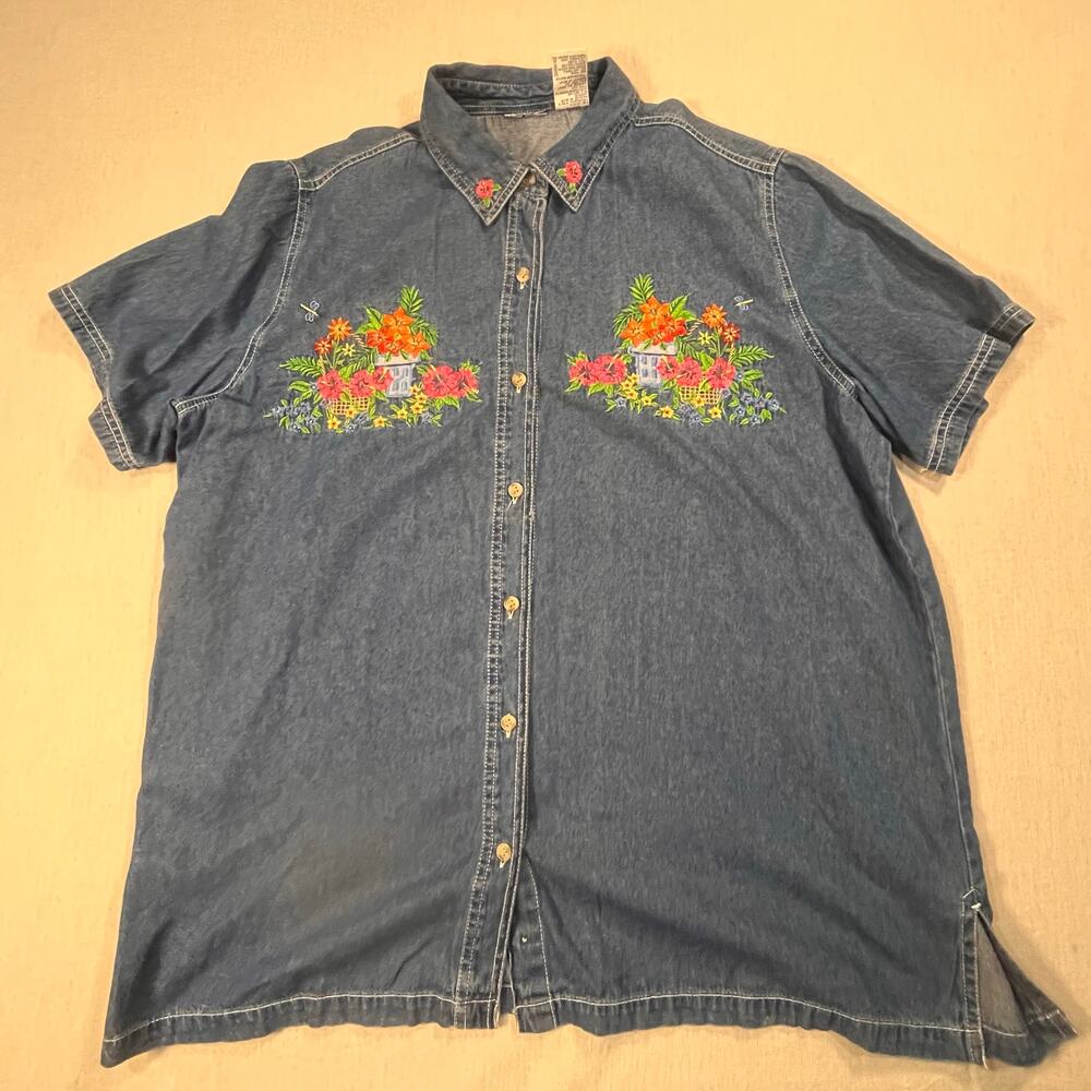 Vintage Denim Embroidered Floral Cottagecore Shirt Short Sleeve Button Women 18W